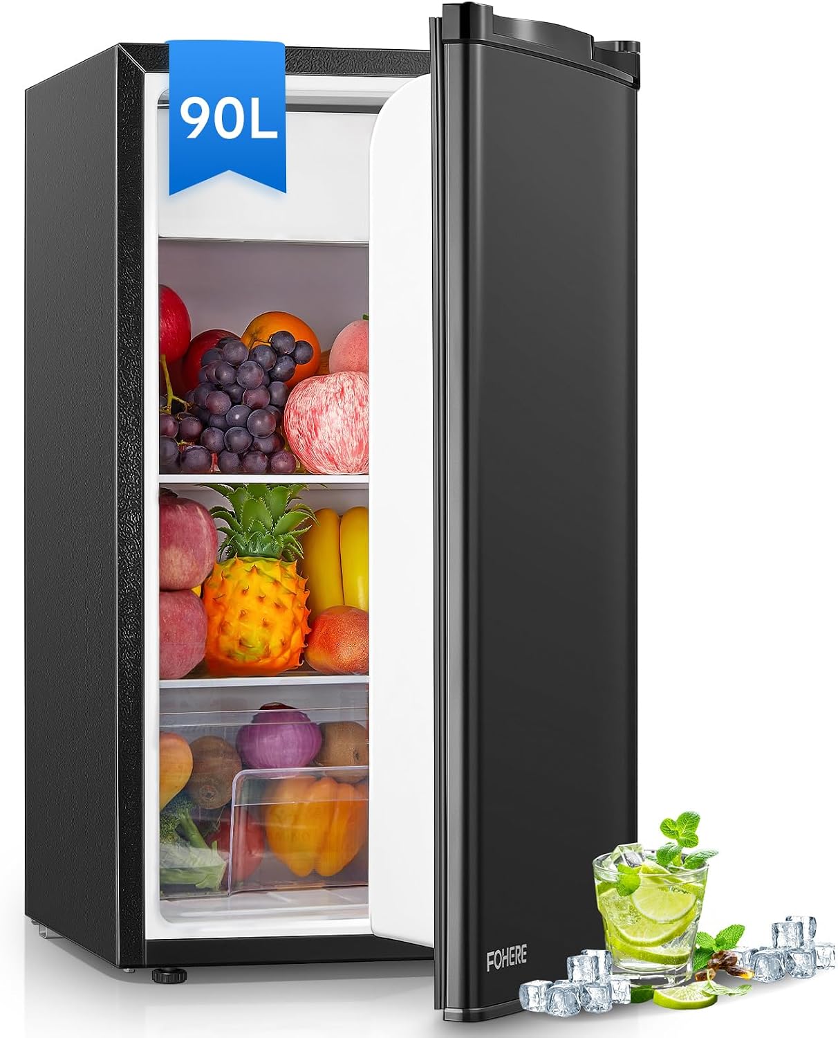 FOHERE Refrigerator Freezer, Small Single Door Fridge, 90 L, Temperature Control, BedroomBedroomOffice Refrigerator, Freestanding Under Counter, Quiet, Black [Energy Class E]