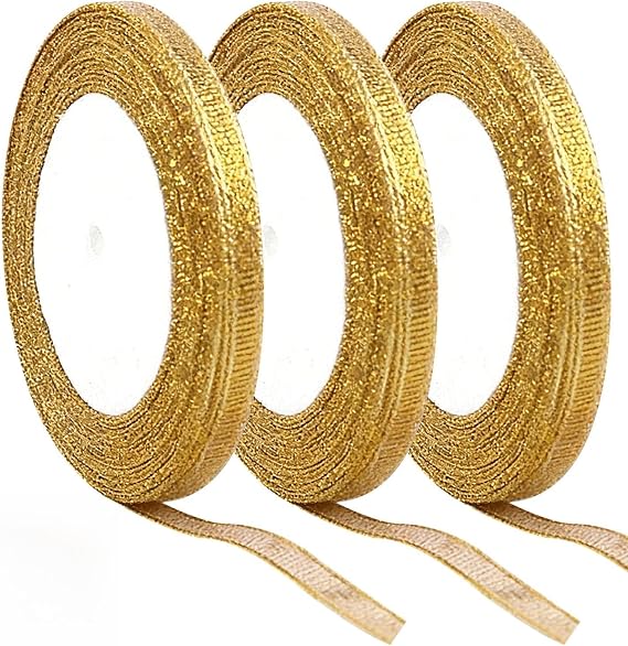 Organza Ribbon 6mm Metallic Gold - 3PCS Gold Ribbon for Gift Wrapping, 75 Yards by Libbyshouse， for Valentine's Day, Mother's Day, Wedding Bouquet, Birthday Party Decoration & DIY Crafts