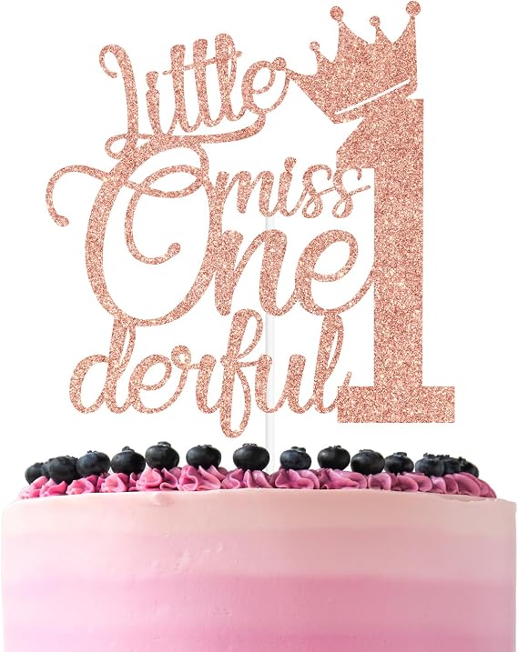 Rose Gold Glitter Little Miss Onederful 1 Cake Topper, One/My 1st Birthday, Baby's 1st Birthday Baby Shower Party Decorations Supplies