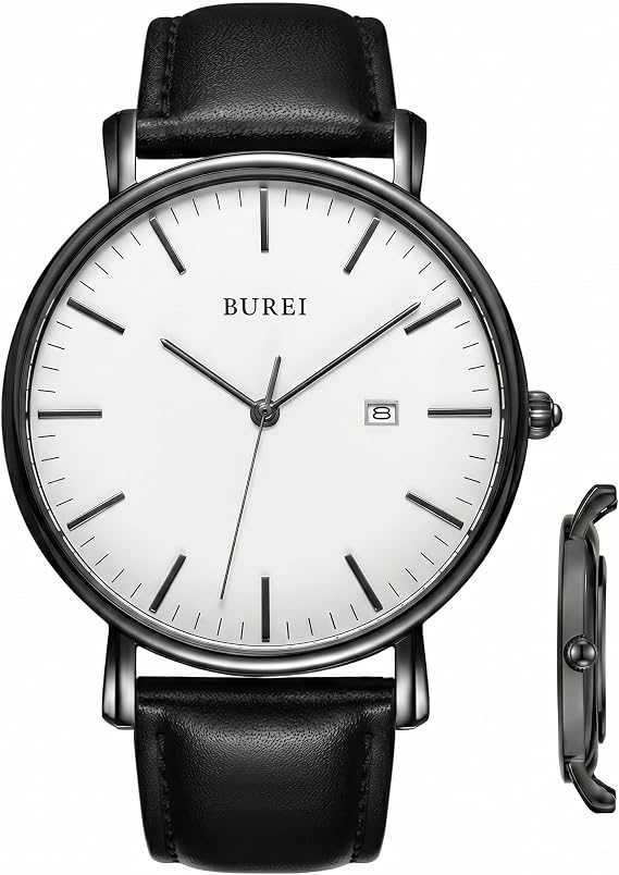 BUREI Stylish Men's Watches Minimalist Ultra Slim Date Large Face Watch with Teacher Strap White