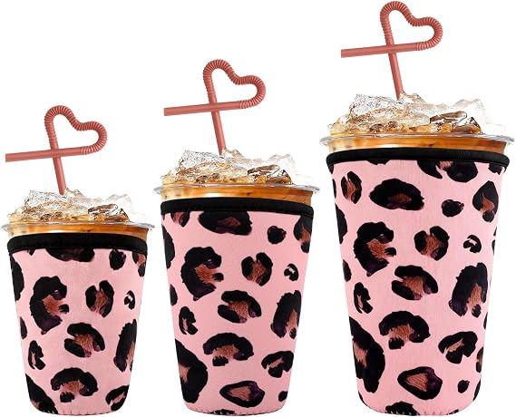 3 Pcs Reusable Insulated Neoprene Iced Coffee Cup Sleeve,Durable Beverage Holder for Cold Drinks for 16-18oz,20-24oz,30-32oz,Compatible with Starbucks Coffee,Dunkin Donuts,Leopard Design