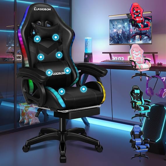 ELFORDSON LED Gaming Chair with 8-Point Massage, Home Office Chairs with Head Pillow Lumbar Support, Video Game Chairs with Armrests Footrest, PU Leather, Black