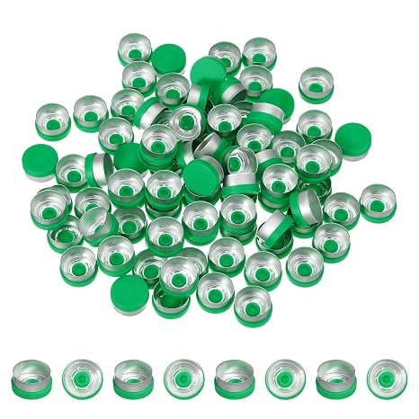 PATIKIL 150個プラスチックバイアルキャップ、13mmアルミニウムプラスチックバイアルトップキャップバイアルシールラボガラスバイアル口腔液体ボトルフリーズドライボトル、グリーン