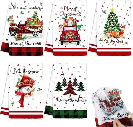 5PCS Christmas Tea Towels - 40x60cm Absorbent Christmas Kitchen Towels, Festive Santa, Elk & Snowman Print Dish Cloths, Holiday Design Hand Towel, Suitable For Use And Decoration In Kitchens