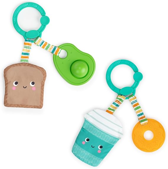Bright Starts, Baby Teether Ring, Perfect Pair 2-in-1 Teether Toy – Coffee, Donut, Avocado & Toast, BPA Free, Assorted, 3 Months and Up