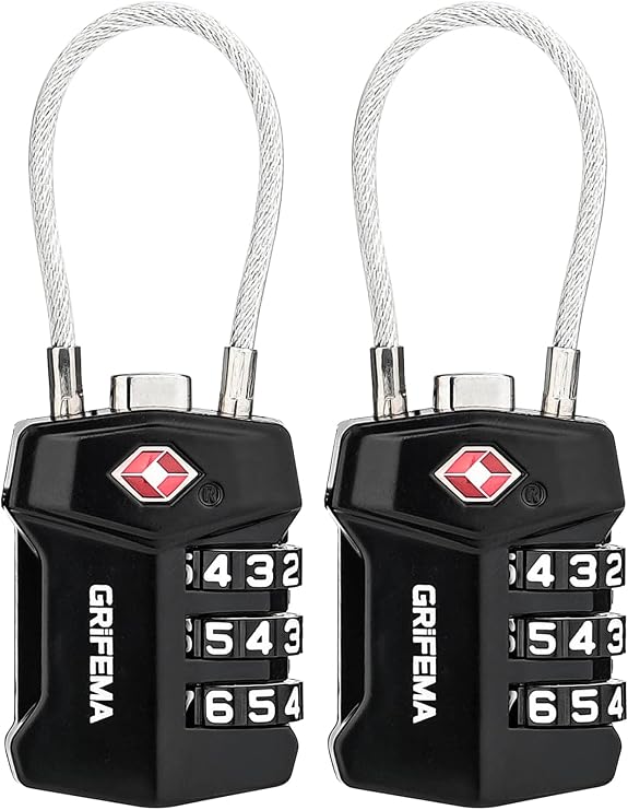 GRIFEMA GA1006-2 TSA Padlock 3 Digit Pack of 2 Anti-Cut Cable