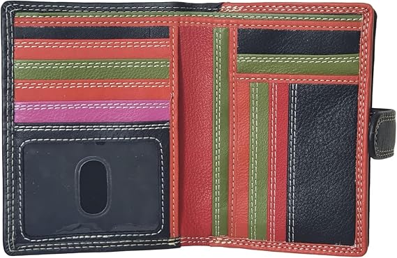 STARHIDE Multicoloured Womens Purse, RFID Blocking Compact Wallet with Extra Card Capacity, Soft Genuine Leather Medium Purse with Zip Around Coin Pocket 5535 (Black/Multi)