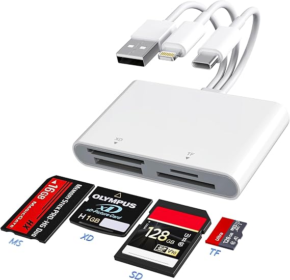 Memory Stick Pro Duo Adapter - XD Picture Card Reader for iPhone/USB C/A 4 in 1 SD/TF/MS/XD Card Reader Adapter Sony Cybershot Card Reader Adapter for iPhone 16/15/14/13/12/11/X/iPad/PC/Android/Laptop