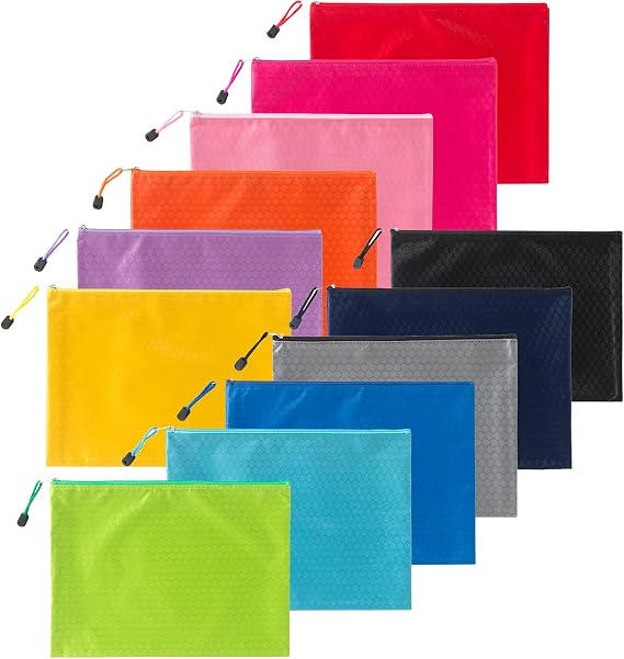 A4 9インチ x 13インチ - メッシュジッパーポーチ、オックスフォード、プラスチック製ジップファイルフォルダーパズルバッグ12個 整理、オフィス用品、旅行、ホームストレージ用 - マルチカラー