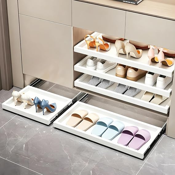 Adjustable Pull-Out Shoe Rack for Closet – Sliding Shoe Organizer with Push-to-Open Feature, Heavy-Duty Under-Mount/Side-Mount Design for Space-Saving Storage Solutions