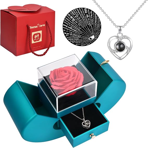 Preserved Rose Eternal Flowers Rose Gift with I Love You Necklace, Preserved Real Rose Gifts Eternal Flower Gifts for Woman Mum Wife Girlfriend Birthday Valentines Christmas Creative Gift