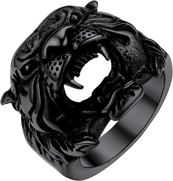 U7 Awesome Cool Tiger/Dragon Stainless Steel Rings for Men Boys, Punk Gothic Ring Jewellery, Silver/Black/Gold Plated Color, Name Customizable, Size #7-14, Send Gift Box