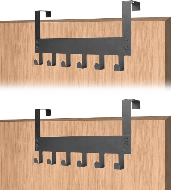 2 Pack Over Door Hanger, Black Door Hanger, Over Door Hooks with 6 Hooks for Bathroom, Bedroom, Kitchen,Coats, Hats, Bags, Clothes, Towels