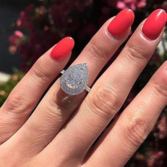 White Gold Plated Teardrop Halo Pear Cut Cubic Zirconia CZ Engagement Wedding Ring For Women (L 1/2)