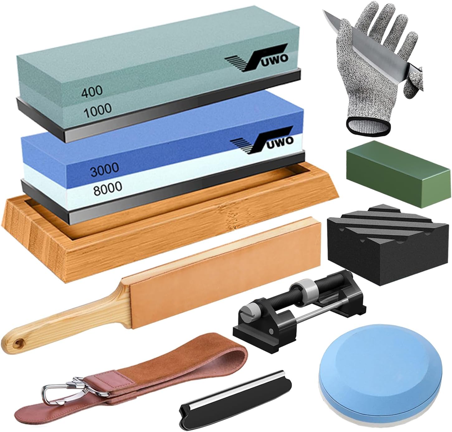 Sharpening Stone for Knives – Professional Stone Double-Sided Sharpeners 4001000 & 30008000 Grit 12pcs Includes Bamboo Base, Angle Guide and Cut Resistant Glove