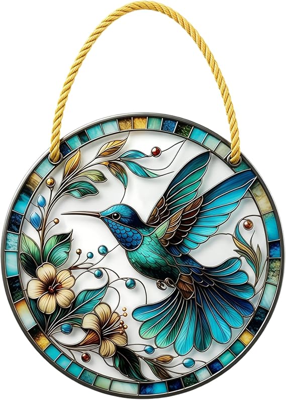 Solvio Round Acrylic Hummingbird Garden Wall Art Outdoor, Weather-Resistant Hanging Garden Ornaments for Fence Decorations, Colorful Sun Catchers for Windows, Patio, Yard, Porch, or Living Room Decor