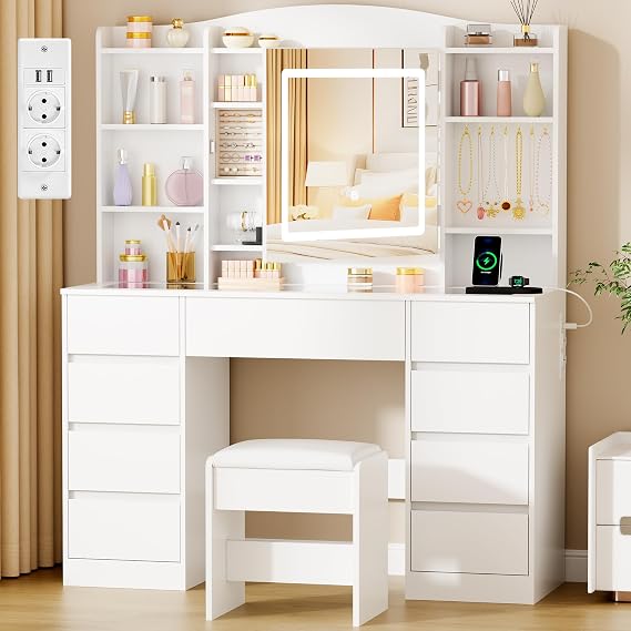 ANWBROAD Large Vanity with Dimmable LED Light and Sockets, Glass Lid