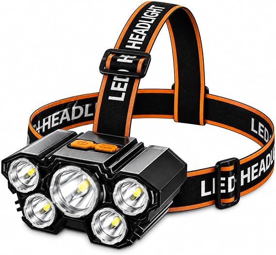 USB Şarjlı 5 LED Kafa Feneri IPX5 Su Geçirmez 3 Aydınlatma Modlu Güçlü Işık Kamp Av Balıkçılık Koşu ve Tamir İşleri İçin Yüksek Parlaklık Ayarlanabilir Baş Bantlı Uzun Ömürlü Acil Durum Işık [Enerji Sınıfı A+]