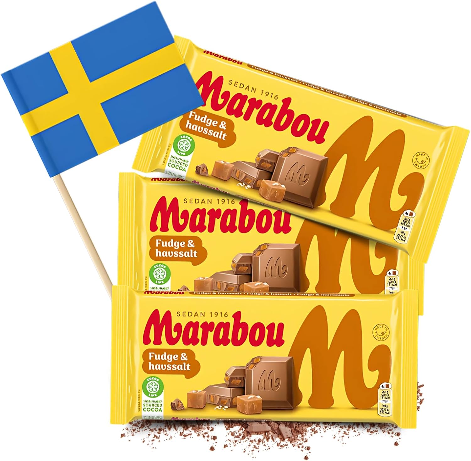 Swedish Chocolate Bundle Includes: 3x Marabou Chocolate Fudge & Sea Salt │ Sweet Fudge with a Sprinkle of Seasalt. 160g each | & Sweden Mini Flag for an Authentic Nordic Gift by Donny & Dev