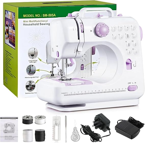 Mini Sewing Machine for Beginner, Portable Electric Sewing Machines, Small Home Sewing Machine with LED Light, 12 Built-in Stitch Patterns with UK Plug, 2 Speed with Foot Pedal, Household Stitch Tool