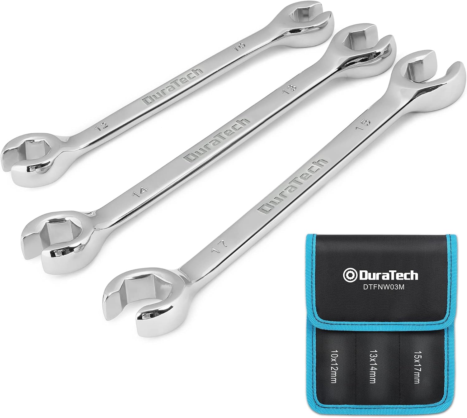 DURATECH Flare Nut Spanner Set, Double End Open Ring Spanner Set, Brake Line Spanner Wrench Set, Metric, 3-Piece, 10x12mm, 13x14mm, 15x17mm, with Storage Pouch