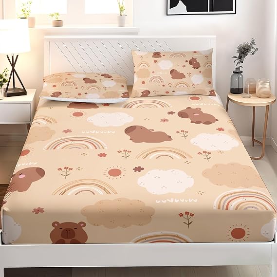 AILONEN Cute Capybara Bed Sheets Set for Girls Boys Bedroom Decor Twin Size,Kids Kawaii Animal Theme Bedding Sets for All Season,Khaki Cloud Rainbow Flower Fitted Sheet + 2 Pillowcase,3Pcs