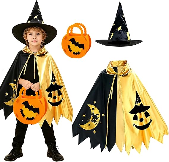 Halloween Wizard Cape Witch Cloak Kids, Witch Costume Cloak With Hat for Children, Pumpkin Candy Bag, Halloween Costumes Props Fancy Dress Up Party Cosplay Outfit