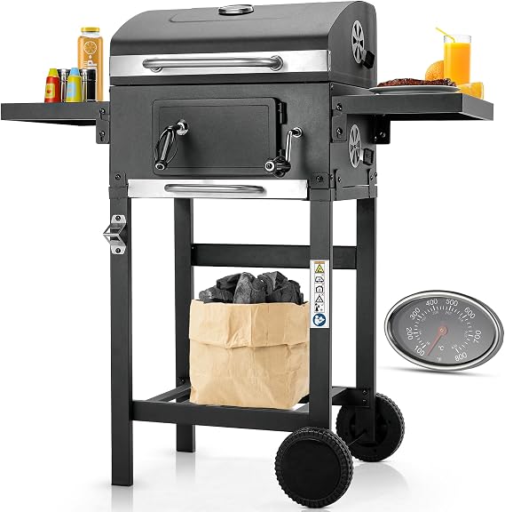 LIFERUN Outdoor Charcoal BBQ Grill Trolley with Lid and Double Side Shelves