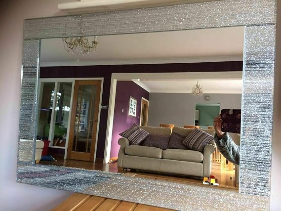 HOMELY Rectangle Shape Designer Silver Glitter Wall Mirror Frame Beautiful Decoration Art Piece Gift (40x60cm)