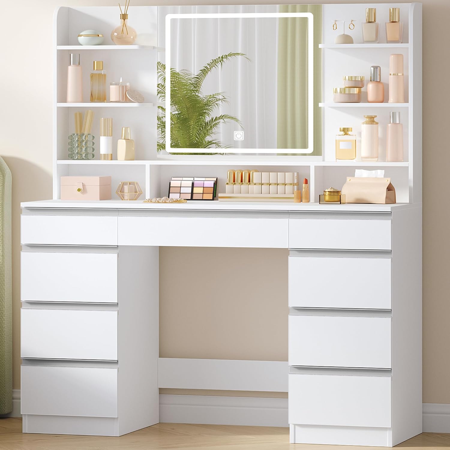 Hzuaneri Large Vanity with LED Lighting, 3 Colors, Adjustable Brightness, Makeup Vanity with Mirror, Makeup Table, 9 Drawers, 9 Open Shelves, Modern Style, White-Silver DT41903W
