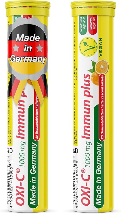 Vitamin C 1000 mg - 2 x 20 effervescent Tablets - Orange Flavour - Vegan - T&D Pharma Oxi-C Immun Plus - Made in Germany
