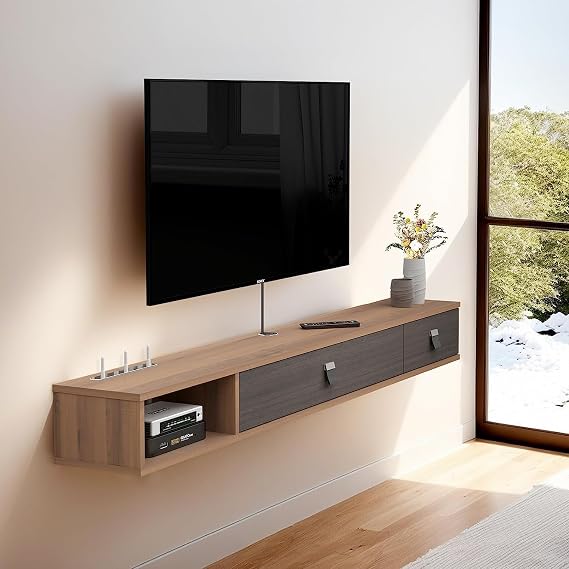 Pmnianhua Floating TV Unit, 71'' Wall Mounted TV Cabinet, Floating Shelves with 2 Doors, Modern Entertainment Media Console Center Large Storage TV Bench for Living Room & Office (180cm, Dark Brown)