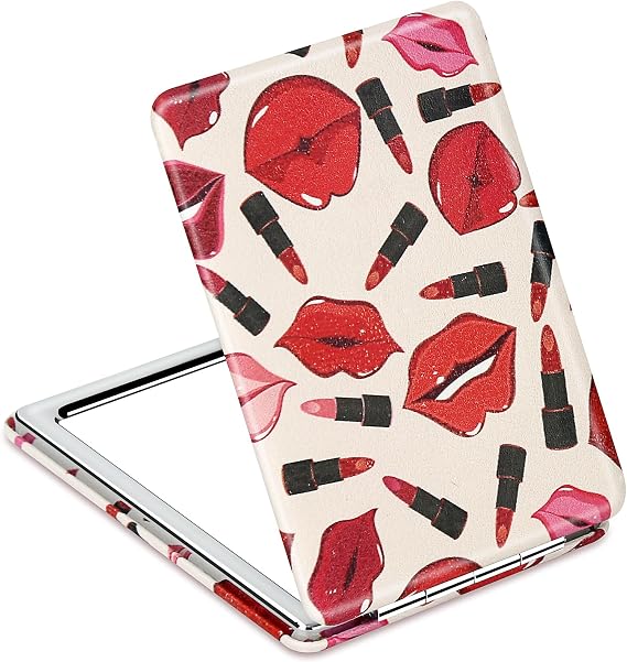 Premium Vanity Compact Makeup Mirror for Girls Women, Stylish Slim Travel Cosmetic Mirrors for Pocket Purse Handbag, Portable Magnifying Handheld Small Mirror with Classic PU Leather (Bright Red)