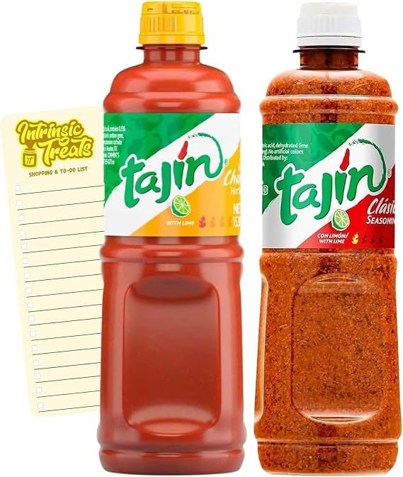 Chilli and Lime Powder Seasoning and Fruity Chamoy Hot Sauce Bundle with Tajin Chilli and Lime Seasoning 400g, Chamoy Liquid 455ml and Intrinsic Treats Shopping List Card