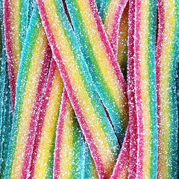 Variety Fruit Flavour Candy Belts – Apple, Strawberry & Rainbow Sour Strips with Sugar Coating – Chewy Fruity Sweets - Vld (250g, Rainbow Belts)
