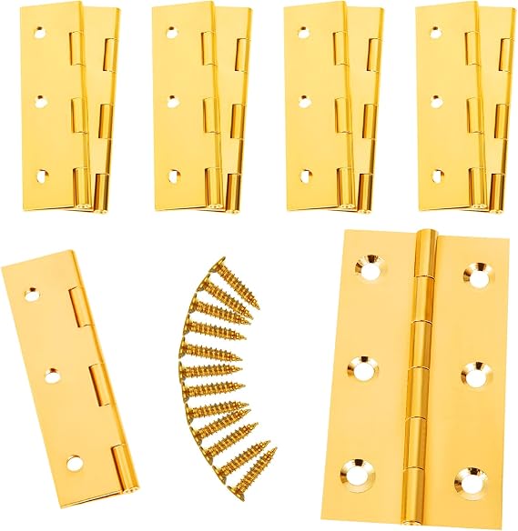 10Pcs Brass Hinges, 75mm (3 Inch) x 40mm Door Hinges with Screws, Polished Brass Butt Hinge for Cabinet Cupboard Wood Boxes Window Furniture External Internal Doors, Gold