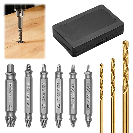 Damaged Screw Extractor Set 9 PCS with Upgraded Model HSS 6542 with HSS 6542 Bolt Extractor and Twist Drill Bits, Hardness 63-65HRC, Stripped Screw Removal Tool Set for Broken Stripped Screws