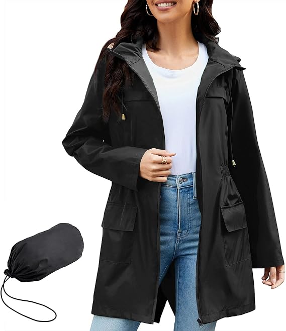 PONCEAU Women Waterproof Jacket - Ladies Lightweight Waterproof Jacket Rain Coats for Women Outdoor Packable Waterproof Jacket with Hood Breathable Functional Windbreaker Raincoat