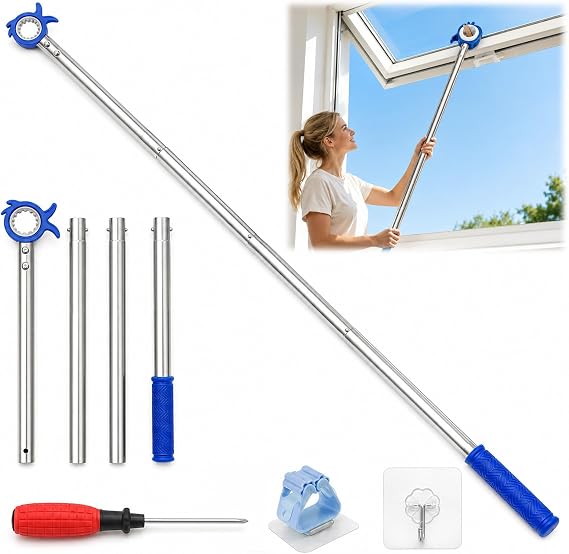 Window Handle Extension 150cm/59" Stainless Steel Skylight Opener Bar Includes Hook and Screwdriver Control Rod for Skylight Blinds Blinds