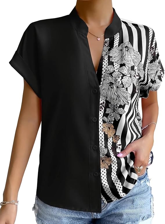 Pantete Womens Patchwork Button Down Shirt V Neck Short Sleeve Striped Blouse Tops