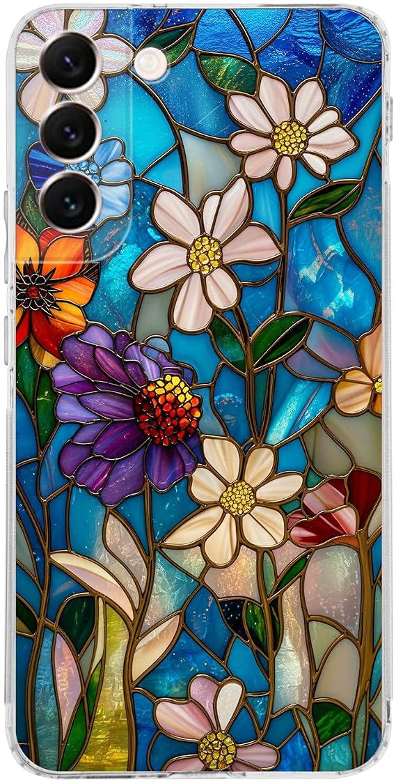 PrintiFy Samsung Galaxy S22 Plus ile Uyumlu Vitray Mavi Bahar Tasarımlı Şeffaf Silikon Kılıf