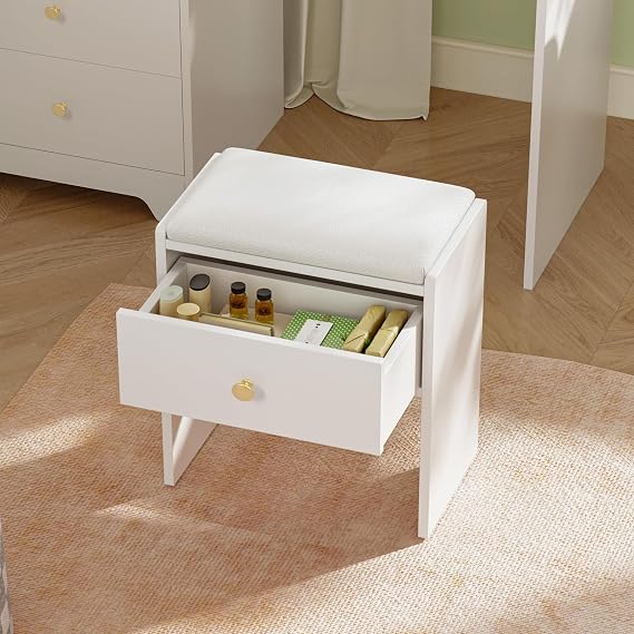 Dressing Table Stool with Storage Drawer, Upholstered Padded Vanity Chair with Non-Slip Foot Pads for Dressing Table, Living Room, Entryway, White