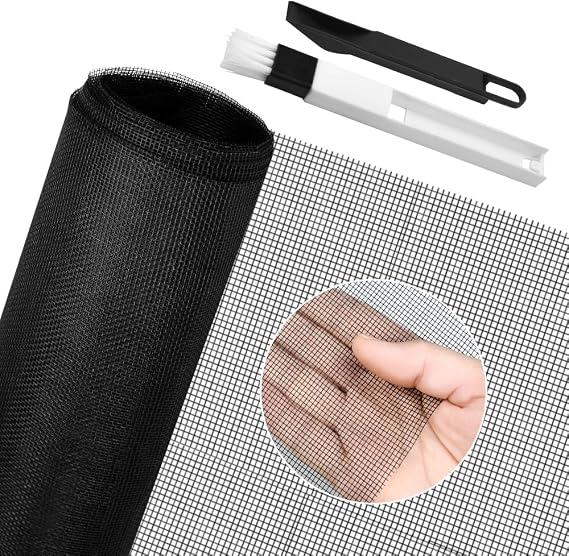 BUZIFU Window Screen Mesh 150 x 500cm Fiberglass Screen Fly Screen Wire Mesh Insect Mesh Replacement Cuttable Mosquito Net Pet Screen with Cleaning Brush for Windows Doors Patio, Cat-Proof, Black