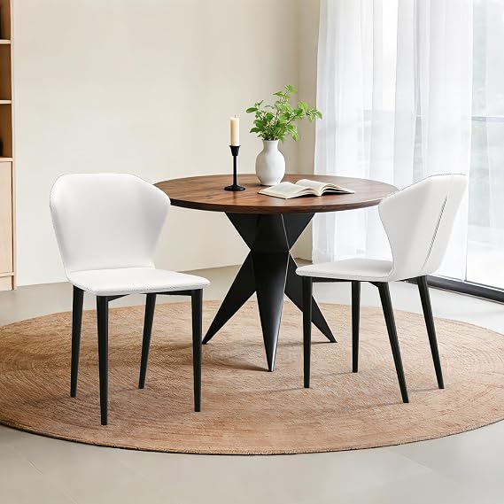 LES FLEURS Modern Dining Chairs Set of 2, Upholstered Faux Leather Kitchen Chairs with Curved Backrest, Soft Cushion Seat, Armless Side Chairs, Sturdy Metal Legs for Kitchen, Living Room, Off-White
