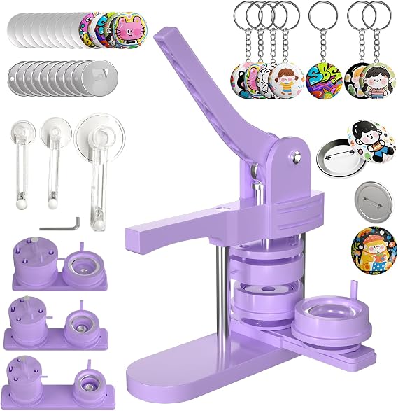 Pin Maker, Button Maker Machine Multiple Sizes (1+1.25+2.25'') with 300 Buttons, 30 Fridge Magnets, 10 Bottle Openers, 10 Keychains, 3 Circle Cutters, Button Badge Makers (353 Pcs, Purple)