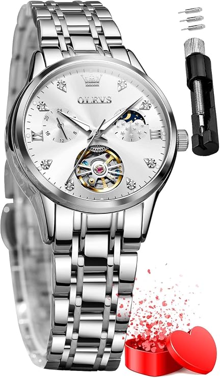 OLEVS Automatic Men's Watch Tourbillon Diamond Calendar Self Winding Luxury Mechanical Wrist Watch for Men Two Tone Tungsten Strap Business Dress Male Watch Luminous Waterproof (White Blue Gold Green)