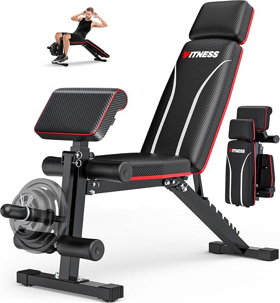 Foldable Workout Bench, Adjustable Weight Bench with Leg Extension, Preacher Pad, Extended Headrest, Collapsible Bench for Home Gym Full Body Workout Strength