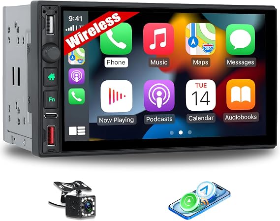 Double Din Car Stereo Wireless CarPlay Android Auto Bluetooth FM/AM/RDS Radio 7 Inch HD 1024 * 600 Touch Screen Mirror Link 3 USB Type-C DSP RCA SWC + Backup Camera Mic