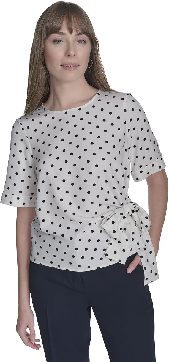 Tommy Hilfiger Women's Short Sleeve Dot Print Tie Front Shirt