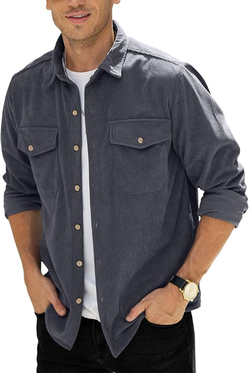 Mens Button Down Shirts Corduroy Shirts Coat Casual Shirt with Chest Pocket M-3XL